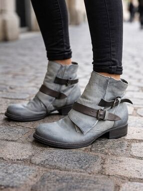 Mjus Leather Ankle Boots Size 41 Gray Distressed Buckle Moto Style